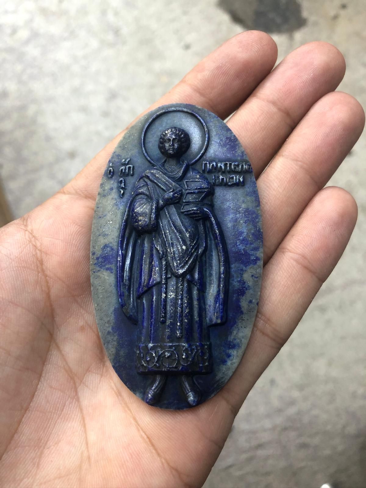 Custom Virgin Mary Lapis Lazuli Medallion: Personalized 3D Engraved Gemstone