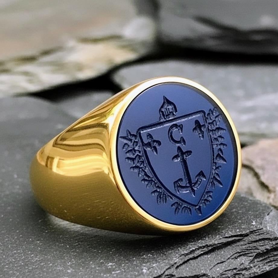 Custom Family Crest Signet Ring: Personalized Onyx Intaglio