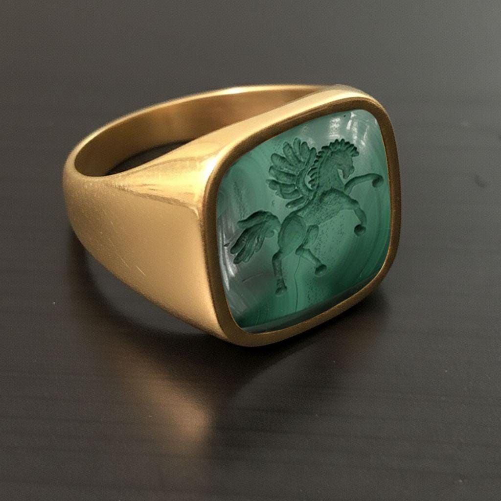 Hand-Carved Malachite Signet Ring:  Solid Gold and Sterling Silver Seal Style